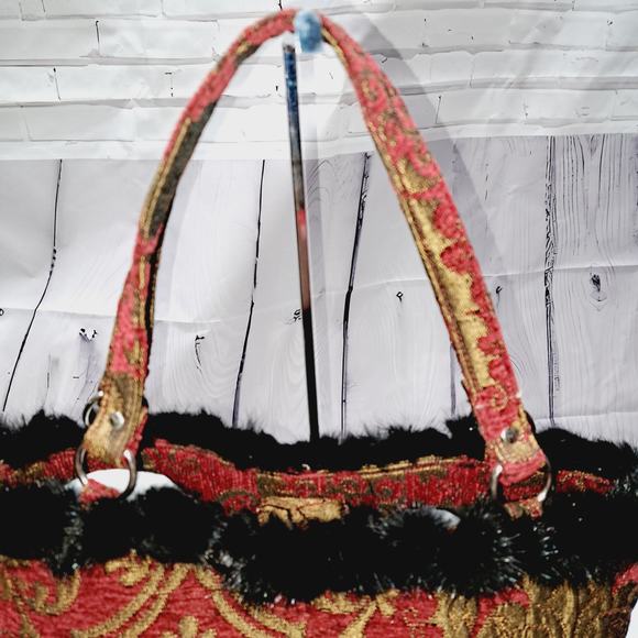 Boho Rich Red Gold Tapestry Hand Bag Rabbit Fur Pompom around top Snap closure - Picture 11 of 13
